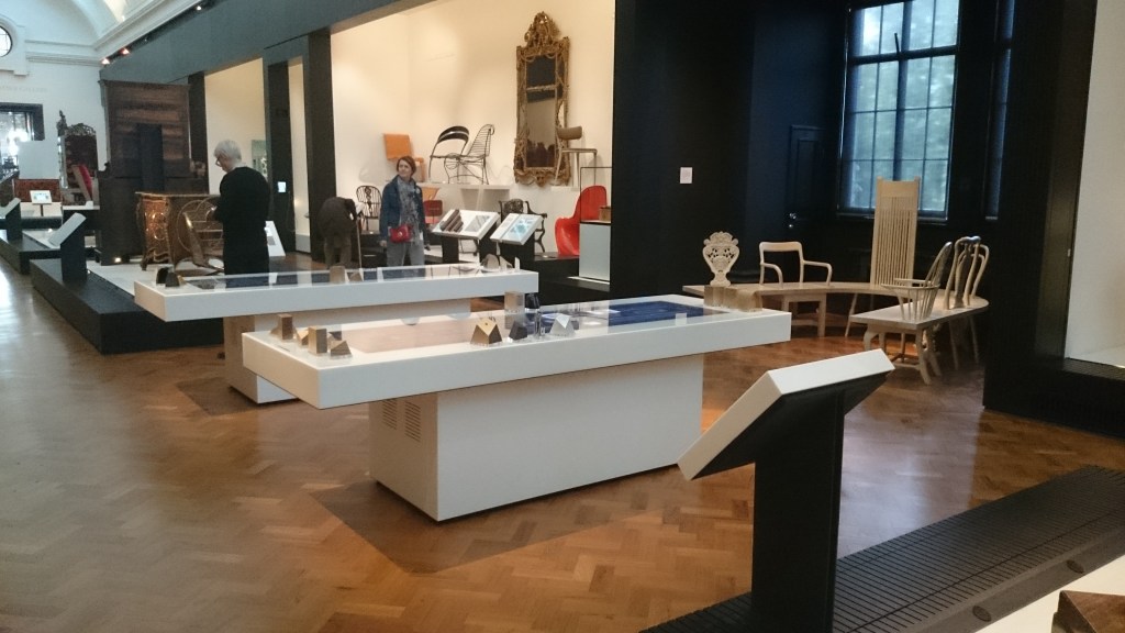 Interactive material tables in the furniture section at the V&A